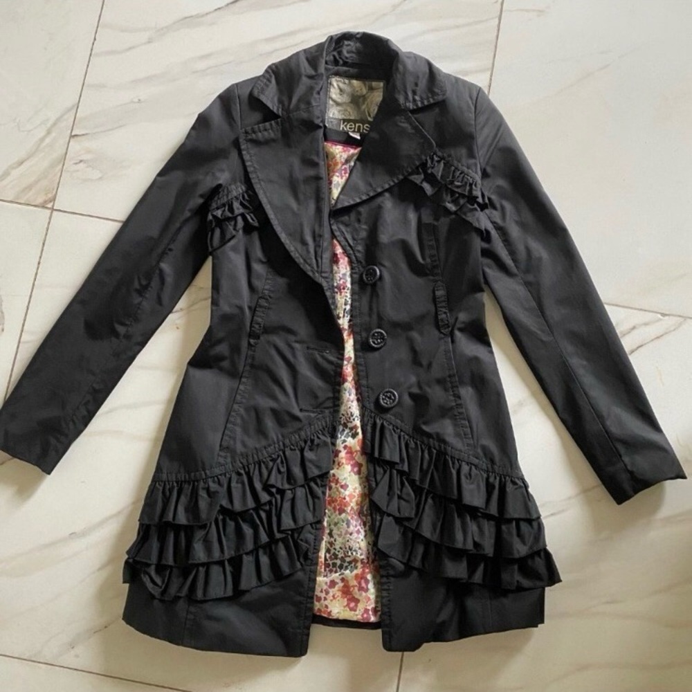 KENSIE Black Ruffled Lined Trench Coat w/ Pockets XS